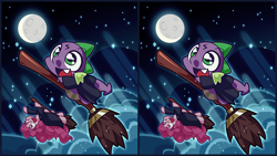 Size: 1280x720 | Tagged: safe, artist:panyang-panyang, character:pinkie pie, character:spike, broom, cloud, crossover, cute little fangs, fangs, flying, flying broomstick, full moon, harry potter, moon, open mouth, smiling, sparkles, stars, upside down