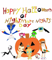 Size: 2379x2758 | Tagged: safe, artist:pokeneo1234, character:pound cake, character:pumpkin cake, charlotte, elly, five nights at freddy's, h.n. elly (kirsten), halloween, holiday, inkling, jack-o-lantern, marionette, nightmare night, octarian, orange (inkling), puella magi madoka magica, pumpkin, splatoon, squid, walpurgisnacht