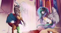 Size: 2574x1400 | Tagged: safe, artist:mechagen, character:discord, character:princess celestia, crepuscular rays, open mouth, sitting, spread wings, stained glass, throne, wings