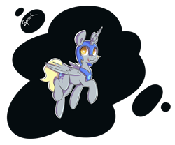 Size: 1359x1132 | Tagged: safe, artist:spaerk, character:derpy hooves, character:nightmare moon, character:princess luna, species:pegasus, species:pony, clothing, costume, fake horn, female, helmet, looking at you, nightmare derpy, open mouth, raised hoof, solo