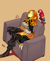 Size: 800x976 | Tagged: dead source, safe, artist:hisshi shoujo, character:adagio dazzle, species:parrot, species:siren, my little pony:equestria girls, boots, cigar, cleavage, couch, ear fins, female, high heel boots, macaw, pirate, scarlet macaw, shoes, simple background, siren ears, sleeping, solo, yellow background