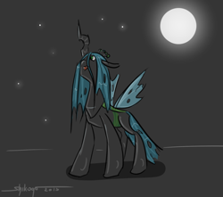 Size: 900x797 | Tagged: safe, artist:shikogo, character:queen chrysalis, species:changeling, changeling queen, cute, cutealis, cuteling, female, moon, solo, stars