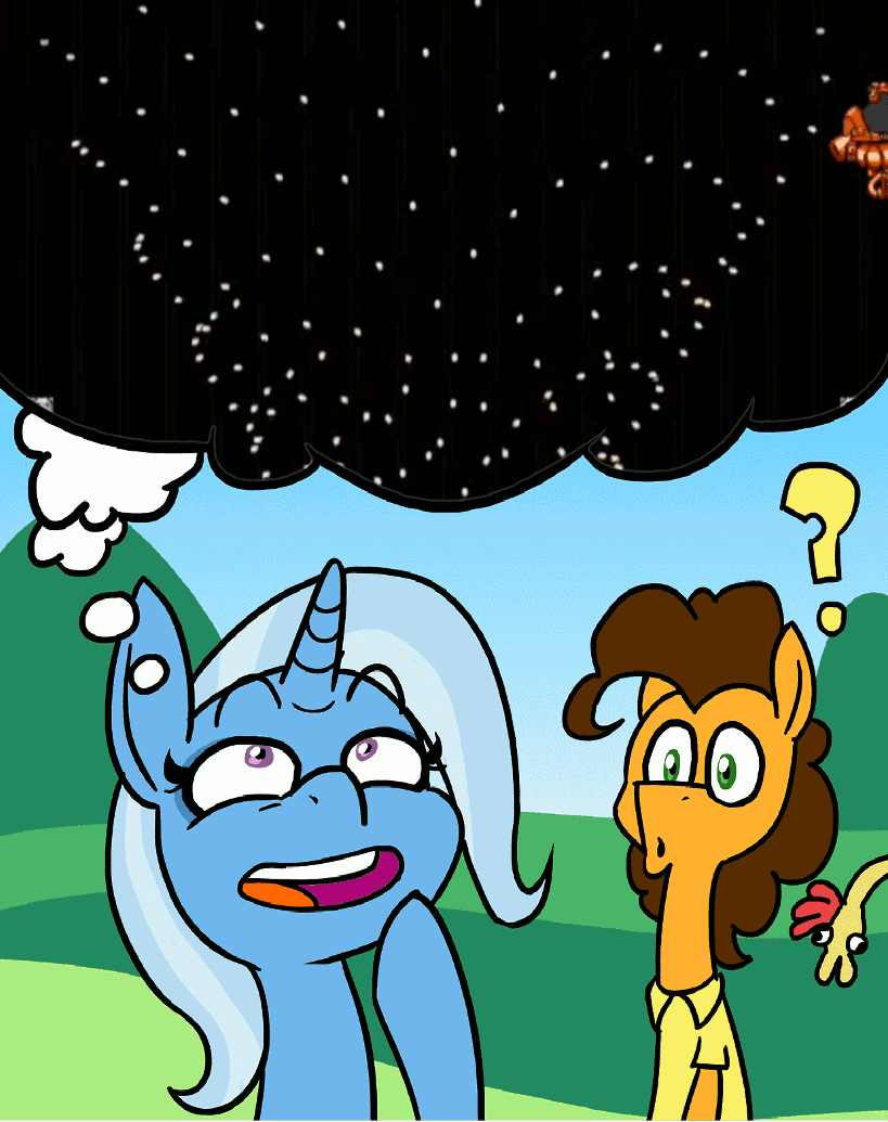 Size: 819x1035 | Tagged: safe, artist:grandpalove, edit, character:cheese sandwich, character:trixie, species:pony, species:unicorn, animated, female, i wanna be the boshy, mare, megaman, thought bubble
