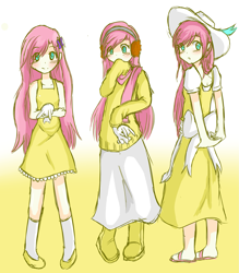 Size: 1739x1986 | Tagged: dead source, safe, artist:applestems, character:fluttershy, species:human, species:rabbit, animal, blushing, breasts, clothing, delicious flat chest, dress, flattershy, frilly dress, hat, humanized, long skirt, sandals, skinny, skirt, sweater, sweatershy