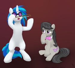 Size: 1100x1000 | Tagged: dead source, safe, artist:sonicrainboom93, character:dj pon-3, character:octavia melody, character:vinyl scratch, species:earth pony, species:pony, species:unicorn, bipedal, blushing, bow (instrument), bow tie, comedy, duo, duo female, featureless crotch, female, giggles, glasses, gradient background, mare, standing