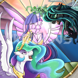 Size: 900x900 | Tagged: safe, artist:crecious, character:princess celestia, character:queen chrysalis, character:twilight sparkle, character:twilight sparkle (alicorn), species:alicorn, species:pony, female, mare, watermark