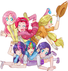 Size: 2500x2600 | Tagged: safe, artist:applestems, character:applejack, character:fluttershy, character:pinkie pie, character:rainbow dash, character:rarity, character:twilight sparkle, species:human, belt, belt buckle, clothing, cowboy hat, dress, hat, high heels, humanized, mane six, mary janes, overalls, skirt, socks, stetson, sweater vest, thigh highs, tripping