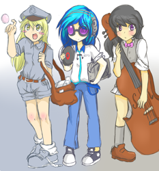 Size: 1850x1986 | Tagged: safe, artist:applestems, character:derpy hooves, character:dj pon-3, character:octavia melody, character:vinyl scratch, species:human, bubble, clothing, converse, humanized, shoes, sunglasses, underp