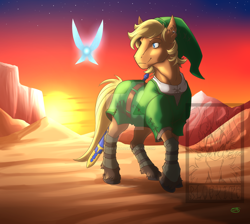 Size: 1024x919 | Tagged: safe, artist:sky-railroad, clothing, crossover, link, navi, sunset, the legend of zelda, watermark