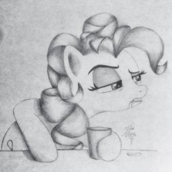 Size: 1024x1024 | Tagged: safe, artist:theasce, character:pinkie pie, episode:what about discord?, g4, my little pony: friendship is magic, drinking, drunk, drunkie pie, female, monochrome, pinkie plastered, solo, traditional art