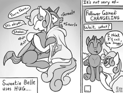 Size: 2048x1536 | Tagged: safe, artist:exedrus, derpibooru original, character:sweetie belle, species:changeling, black and white, blep, cape, clothing, cmc cape, cute, cuteling, dialogue, diasweetes, grayscale, growling, hug, monochrome, response, simple background, smiling, snarling, speech bubble, tail wag, tongue out, underhoof