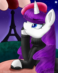 Size: 1024x1280 | Tagged: safe, artist:mlp-firefox5013, character:rarity, beatnik rarity, beret, clothing, eiffel tower, female, france, french, french rarity, hat, paris, signature, solo