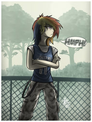Size: 1024x1350 | Tagged: dead source, safe, artist:slawomiro, character:rainbow dash, species:human, clothing, crossed arms, crossover, dialogue, female, fence, humanized, jersey, killing floor, pants, signature, solo, speech bubble, sports