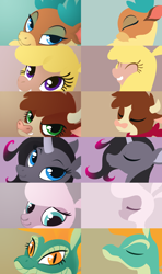 Size: 960x1620 | Tagged: safe, artist:icekatze, community related, character:arizona cow, character:oleander, character:paprika paca, character:pom lamb, character:tianhuo, character:velvet reindeer, species:alpaca, species:classical unicorn, species:cow, species:deer, species:reindeer, species:sheep, them's fightin' herds, bust, eyes closed, fightin' six, lamb, leonine tail, lineless, portrait, simple background, smiling, teeth