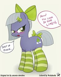 Size: 4000x5000 | Tagged: safe, artist:an-tonio, artist:wodahseht, edit, character:limestone pie, species:earth pony, species:pony, absurd resolution, blushing, bow, clothing, color edit, colored, cute, dialogue, embarrassed, female, hair bow, implied pinkie pie, limabetes, limetsun pie, mare, open mouth, ribbon, simple background, socks, solo, striped socks, tail bow, tail wrap, tsundere