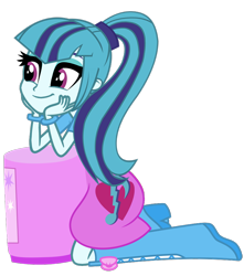 Size: 840x950 | Tagged: safe, artist:breezyblueyt, artist:missbeigepony, edit, character:sonata dusk, episode:pinkie on the one, g4, my little pony: equestria girls, my little pony:equestria girls, accessory swap, alternate costumes, boots, bucket, clothes swap, clothing, cute, female, kneeling, leaning, simple background, smiling, solo, sonata edit, sonatabetes, transparent background, vector