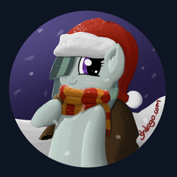 Size: 1000x1000 | Tagged: safe, artist:shikogo, character:marble pie, episode:hearth's warming eve, g4, my little pony: friendship is magic, bag, clothing, cute, female, hat, santa hat, scarf, snow, snowfall, solo
