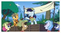 Size: 2500x1367 | Tagged: safe, artist:php104, character:applejack, character:coloratura, episode:the mane attraction, g4, my little pony: friendship is magic, acoustic guitar, camp friendship, eyes closed, filly, guitar, i can't believe it's not idw, musical instrument, open mouth, paige (character), rara, scene interpretation, shady blues, singing, younger