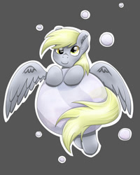 Size: 1600x2000 | Tagged: safe, artist:bratzoid, character:derpy hooves, species:pegasus, species:pony, bubble, cute, derpabetes, ear fluff, female, floating, mare, smiling, solo, spread wings, wings