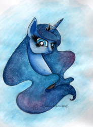 Size: 839x1143 | Tagged: safe, artist:lunar-white-wolf, character:princess luna, female, solo, traditional art, watercolor painting