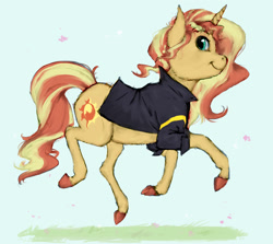 Size: 2000x1787 | Tagged: safe, artist:cuttledreams, character:sunset shimmer, species:pony, species:unicorn, clothing, female, galloping, jacket, smiling, solo