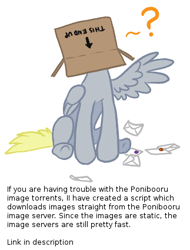 Size: 323x425 | Tagged: safe, artist:maximillianveers, character:derpy hooves, species:pegasus, species:pony, brony history, female, letter, mare, meta, ponibooru, question mark, simple background, sitting, solo, spread wings, text, underhoof, white background, wings