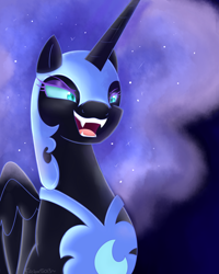 Size: 1024x1280 | Tagged: safe, artist:mlp-firefox5013, character:nightmare moon, character:princess luna, episode:the cutie re-mark, alternate timeline, armor, fangs, female, implied spike, implied twilight sparkle, nightmare takeover timeline, now that's something i would like to see, offscreen character, open mouth, scene interpretation, signature, solo, talking