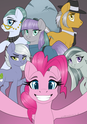 Size: 1280x1810 | Tagged: safe, artist:rainbowdrool, character:cloudy quartz, character:igneous rock pie, character:limestone pie, character:marble pie, character:maud pie, character:pinkie pie, eyebrows, eyebrows visible through hair, grin, group, holder's boulder, pie family, pie sisters, quartzrock, siblings, sisters