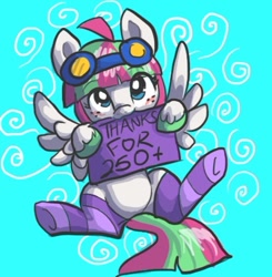 Size: 454x463 | Tagged: safe, artist:indiefoxtail, character:blossomforth, species:pegasus, species:pony, :3, adoraforth, ask blossomforth, blue background, clothing, cute, female, freckles, goggles, simple background, socks, solo, striped socks, thanks, tumblr