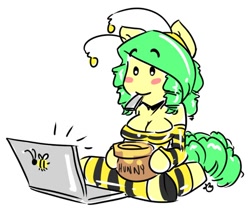 Size: 530x440 | Tagged: safe, artist:duckdraw, oc, oc only, oc:buzzy bee, species:anthro, ambiguous facial structure, ask, computer, honey, laptop computer