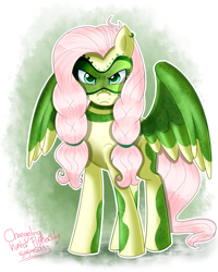 Size: 1024x1280 | Tagged: safe, artist:mlp-firefox5013, character:fluttershy, species:pegasus, species:pony, episode:the cutie re-mark, alternate timeline, braid, chrysalis resistance timeline, ear piercing, female, frown, looking at you, mare, piercing, solo, spread wings, standing, tribalshy, wings