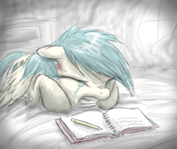 Size: 2033x1712 | Tagged: safe, artist:dawnmistpony, character:sunshower raindrops, book, crying, eyes closed, female, floppy ears, gritted teeth, injured, nose wrinkle, pencil, sad, solo
