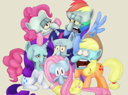 Size: 2000x1488 | Tagged: safe, artist:comickit, character:applejack, character:fluttershy, character:pinkie pie, character:rainbow dash, character:rarity, character:twilight sparkle, cult of squidward, handsome squidward, mane six, mane six opening poses, spongebob squarepants, squidward tentacles, wat