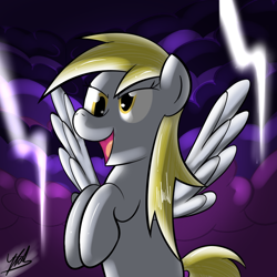 Size: 800x800 | Tagged: safe, artist:chir-miru, character:derpy hooves, species:pegasus, species:pony, cloud, female, lightning, mare, rearing, solo