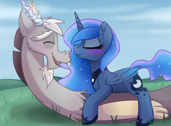 Size: 3100x2300 | Tagged: safe, artist:elementalokami, character:discord, character:princess luna, ship:lunacord, blushing, cuddling, eyes closed, female, laughing, male, shipping, smiling, snuggling, straight