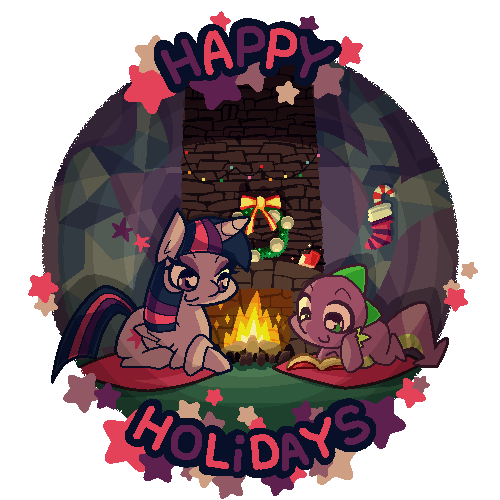 Size: 500x500 | Tagged: dead source, safe, artist:panyang-panyang, character:spike, character:twilight sparkle, character:twilight sparkle (alicorn), species:alicorn, species:pony, animated, christmas, female, fire, happy holidays, mare, reading