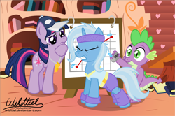 Size: 4302x2864 | Tagged: safe, artist:wildtiel, character:spike, character:trixie, character:twilight sparkle, headband, workout, wristband