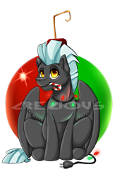 Size: 556x853 | Tagged: safe, artist:crecious, character:thunderlane, species:pegasus, species:pony, candy, candy cane, christmas ornament, decoration, food, male, mouth hold, obtrusive watermark, ornament, sitting, solo, stallion, thunderbetes, watermark