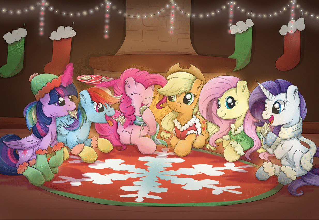 Size: 1234x849 | Tagged: safe, artist:bratzoid, character:applejack, character:fluttershy, character:pinkie pie, character:rainbow dash, character:rarity, character:twilight sparkle, character:twilight sparkle (alicorn), species:alicorn, species:pony, animated, christmas, clothing, cookie, female, food, mane six, mare, socks