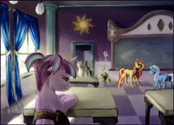 Size: 2000x1440 | Tagged: safe, artist:cuttledreams, character:starlight glimmer, character:sunset shimmer, character:trixie, species:pony, species:unicorn, birth of evil, blank flank, bullying, filly, flower, origin story, pigtails, plant, pony pov series, princess celestia's school for gifted unicorns, saddle bag, start of darkness
