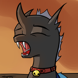 Size: 1000x1000 | Tagged: safe, artist:shikogo, oc, oc only, oc:kuno, species:changeling, bell, bell collar, changeling oc, collar, cute, cuteling, digital art, female, morning ponies, open mouth, solo, sunrise, yawn