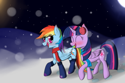 Size: 4911x3255 | Tagged: safe, artist:zogzor, character:rainbow dash, character:twilight sparkle, character:twilight sparkle (alicorn), species:alicorn, species:pony, absurd resolution, clothing, earmuffs, female, hat, mare, moon, night, scarf, snow, snowfall, socks, winter