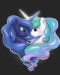 Size: 1600x2000 | Tagged: safe, artist:bratzoid, character:princess celestia, character:princess luna, black background, ear fluff, magic, royal sisters, simple background, sisters, smiling