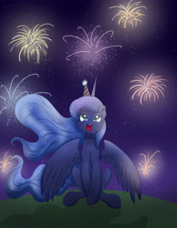 Size: 3500x4500 | Tagged: safe, artist:bratzoid, character:princess luna, clothing, female, fireworks, hat, looking up, new years eve, party hat, sitting, smiling, solo, spread wings, wings