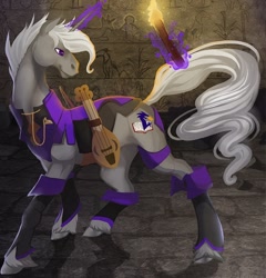 Size: 642x670 | Tagged: safe, artist:sitaart, oc, oc only, oc:mythos gray, species:pony, species:unicorn, bard, commission, cover art, crossover, dungeons and dragons, fantasy class, hieroglyphics, horn, kickstarter, magic, male, musical instrument, pathfinder, pen and paper rpg, pocket watch, ponyfinder, roleplaying, rpg, ruins, solo, stallion, tabletop gaming, telekinesis, torch, violin, watch