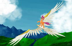Size: 3508x2273 | Tagged: dead source, safe, artist:dezdark, character:scootaloo, species:pegasus, species:pony, artificial wings, augmented, female, flying, glider, mechanical wing, solo, wings