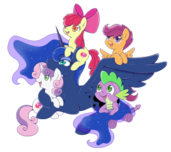 Size: 1500x1332 | Tagged: safe, artist:raininess, character:apple bloom, character:princess luna, character:scootaloo, character:spike, character:sweetie belle, species:alicorn, species:dragon, species:earth pony, species:pegasus, species:pony, species:unicorn, adorabloom, baby, baby dragon, cute, cutealoo, cutie mark, cutie mark crusaders, diasweetes, female, filly, looking up, lunabetes, male, new year, simple background, spikabetes, the cmc's cutie marks, transparent background