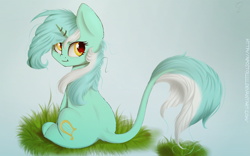 Size: 2529x1581 | Tagged: safe, artist:apostolllll, character:lyra heartstrings, species:classical unicorn, :i, female, fluffy, leonine tail, looking back, sitting, solo, unshorn fetlocks