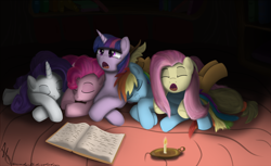 Size: 2000x1226 | Tagged: safe, artist:sonicrainboom93, character:applejack, character:fluttershy, character:pinkie pie, character:rainbow dash, character:rarity, character:twilight sparkle, mane six, sleeping, yawn