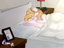 Size: 1024x768 | Tagged: safe, artist:goshhhh, oc, oc only, oc:crystal wishes, oc:silent knight, parent:jet set, parent:upper crust, parents:upperset, alarm clock, bed, blanket, braid, end table, eyebrows, eyes closed, female, horn ring, lamp, male, medal, oc x oc, offspring, offspring shipping, photo, pillow, ring, shipping, silentwishes, sleeping, smiling, snooze, solo, straight, wedding photo